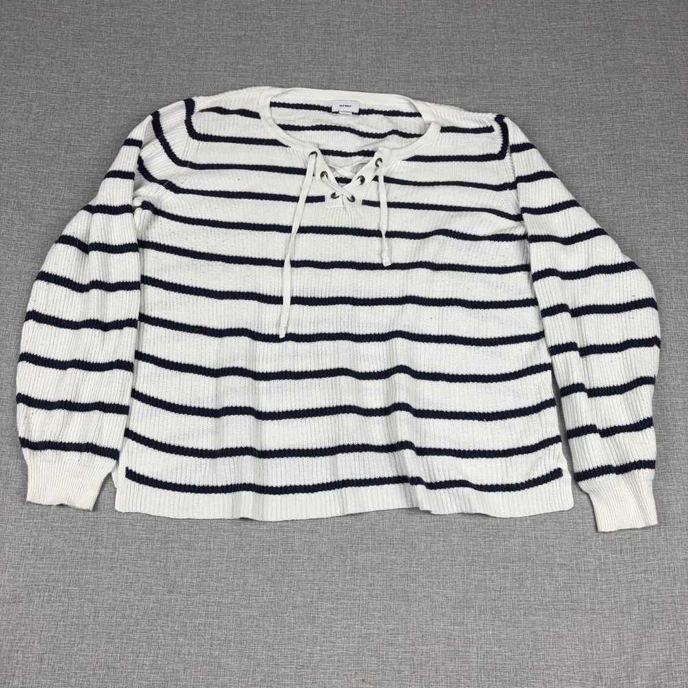 Old Navy Sweater Womens XL White‎ Striped Lace-Up Pullover Open-Knit Relaxed